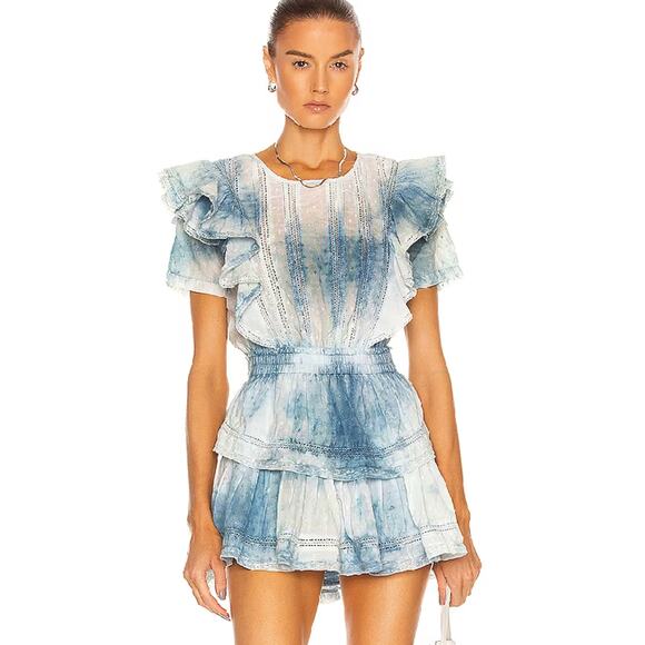 LoveShackFancy Natasha Dress Blue Tiered Ruffle Cotton‎ Short Sleeve Sz L - Picture 1 of 12